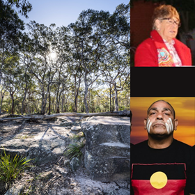 Oatley Park trees with 2 images to the right of Bidjigal Traditional Owner, Aunty Barb Simms, and local Traditional Knowledge Holder, Uncle Dean Kelly, a Yuin/Wailwan man