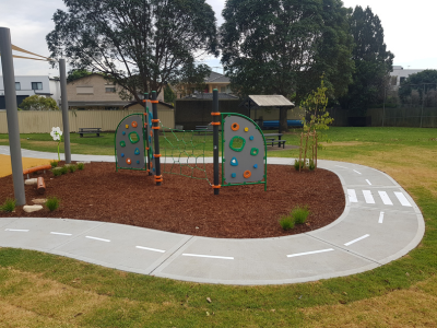 Close up of climbing net section of play space at Austin Ave Reserve