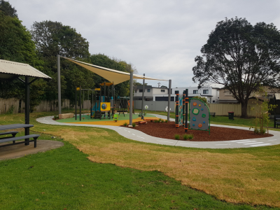 Austin Ave Reserve Playspace and seating area with shelter on a cloudy day