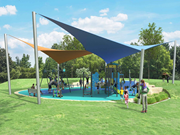 3D render of Empress Reserve on a bright sunny day with kids and parents enjoying the playground