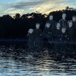 A river at sunset with an old family photo overlaid on it.