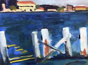 Blue en plein air oil painting of a wharf